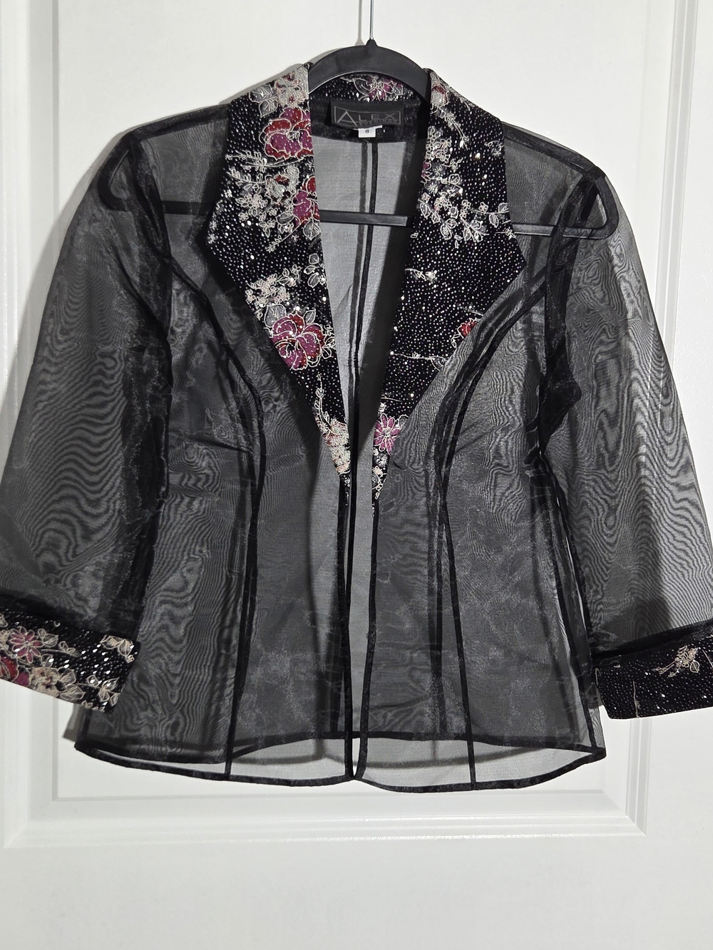 Alex Evenings Black Shimmering Embroidered Floral Sheer Jacket 3/4 Sleeves Small